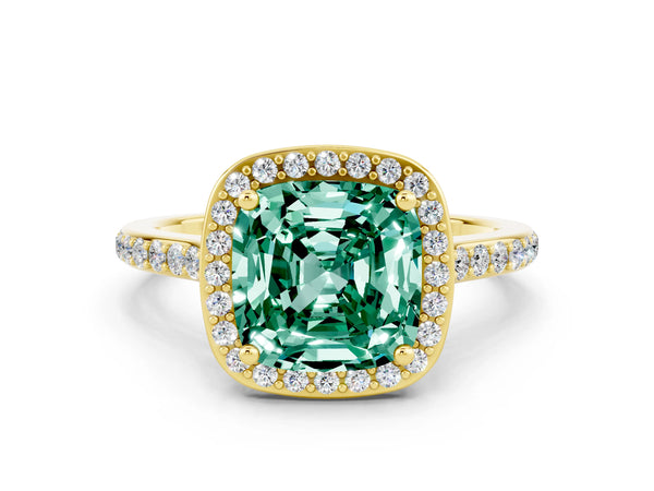 Yellow gold Cushion Cut Green Sapphire Halo Engagement Ring with Round Pavé Shoulders and Prong Setting