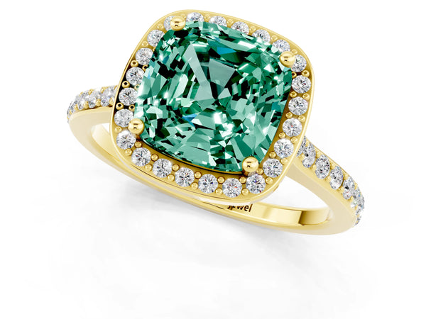 Yellow gold Cushion Cut Green Sapphire Halo Engagement Ring with Round Pavé Shoulders and Prong Setting