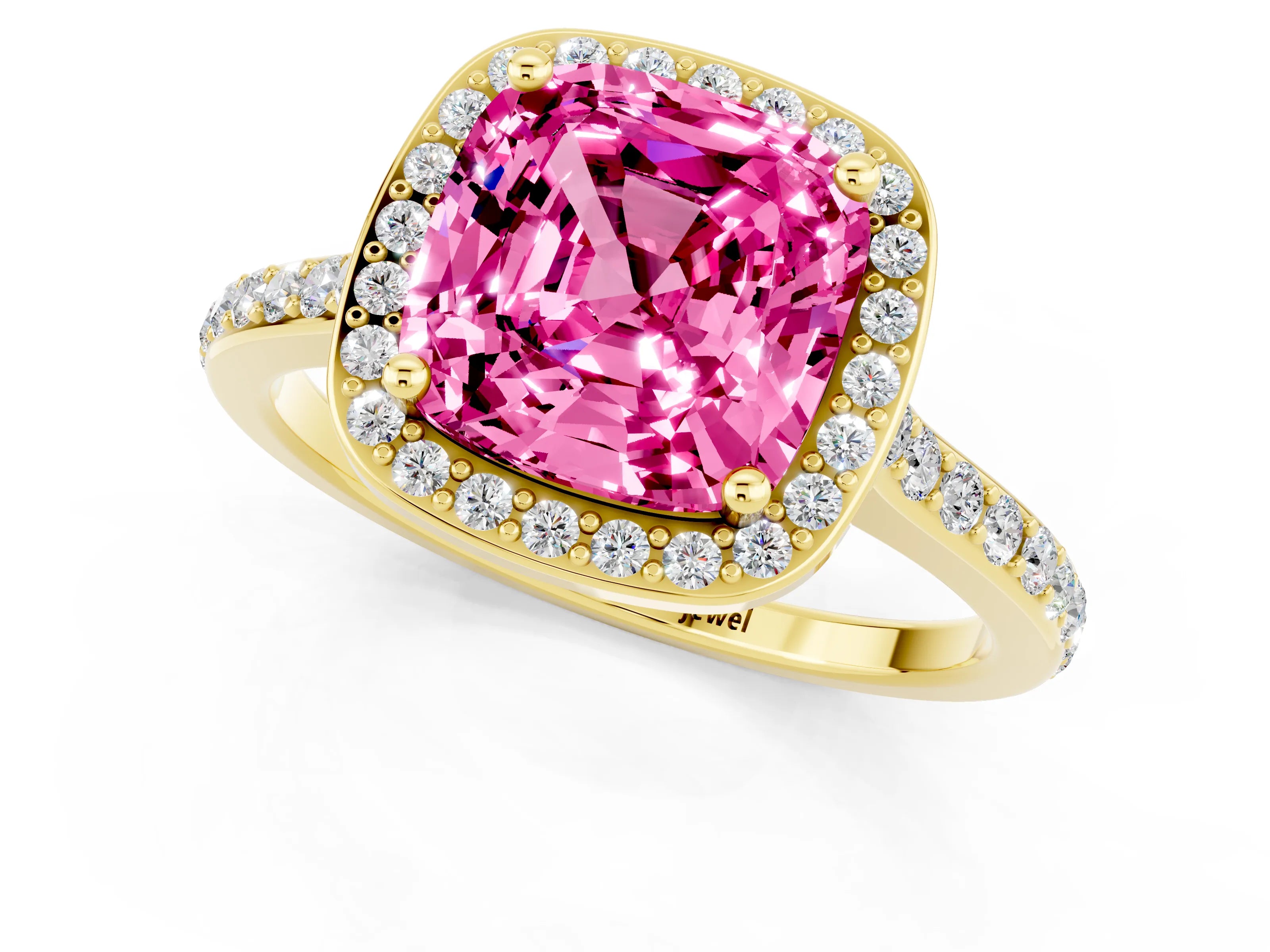Yellow gold Cushion Cut Halo Round Diamond Pavé Band with Four-Prong Setting_1