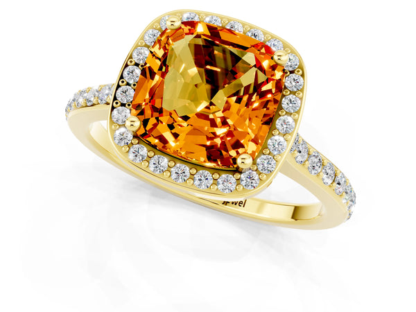 Yellow gold Cushion Cut Citrine Halo Engagement Ring with Round Pavé Shoulders and Prong Setting