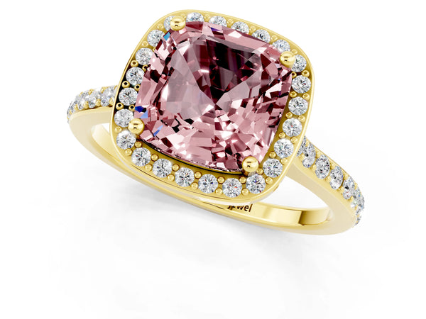 Yellow gold Cushion Cut Halo Round Diamond Pavé Band with Four-Prong Setting