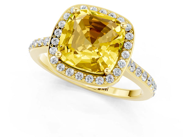 Yellow gold Cushion Cut Yellow Sapphire Halo Engagement Ring with Round Pavé Shoulders and Prong Setting