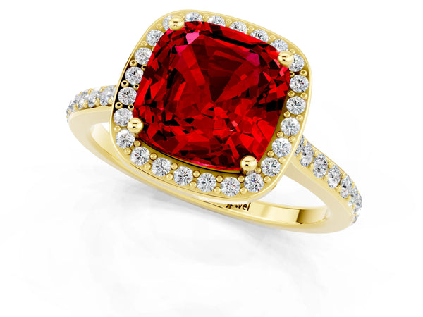 Yellow gold Cushion Cut Halo Round Diamond Pavé Band with Four-Prong Setting