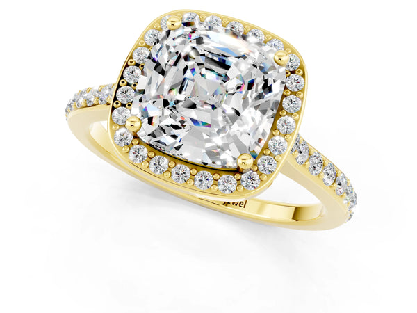 Yellow gold Cushion Cut Moissanite Halo Engagement Ring with Round Pavé Shoulders and Prong Setting
