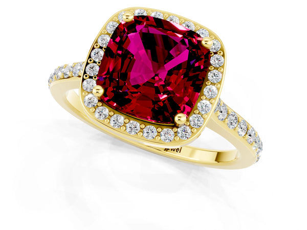 Yellow gold Cushion Cut Garnet Halo Engagement Ring with Round Pavé Shoulders and Prong Setting