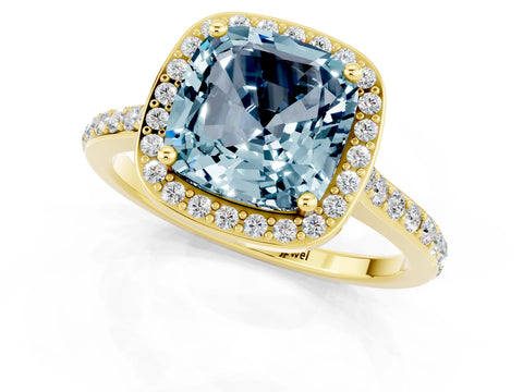 Yellow gold Cushion Cut Halo Round Diamond Pavé Band with Four-Prong Setting_1