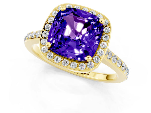Yellow gold Cushion Cut Tanzanite Halo Engagement Ring with Round Pavé Shoulders and Prong Setting
