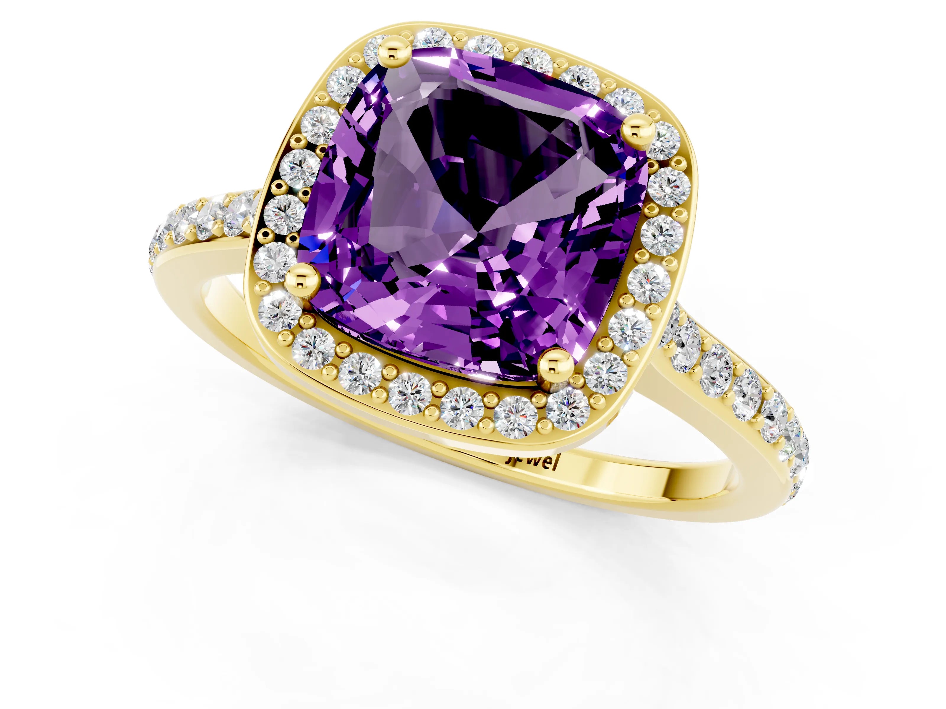 Yellow gold Cushion Cut Halo Round Diamond Pavé Band with Four-Prong Setting_1