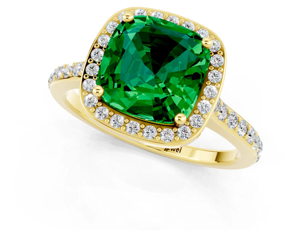 Yellow gold Cushion Cut Emerald Halo Engagement Ring with Round Pavé Shoulders and Prong Setting