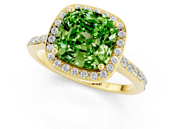 Yellow gold Cushion Cut Halo Round Diamond Pavé Band with Four-Prong Setting