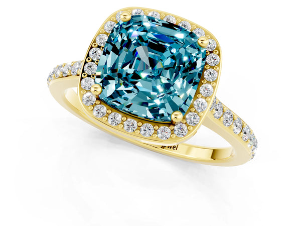 Yellow gold Cushion Cut Halo Round Diamond Pavé Band with Four-Prong Setting