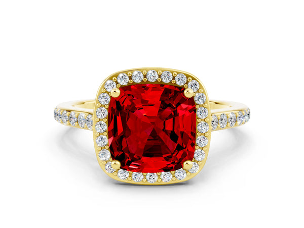 Yellow gold Cushion Cut Halo Round Diamond Pavé Band with Four-Prong Setting