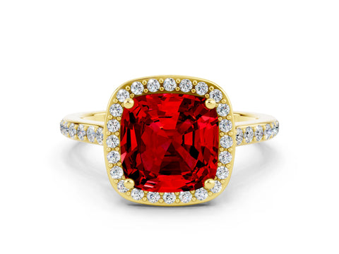 Yellow gold Cushion Cut Halo Round Diamond Pavé Band with Four-Prong Setting