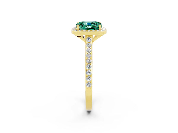 Yellow gold Cushion Cut Green Sapphire Halo Engagement Ring with Round Pavé Shoulders and Prong Setting