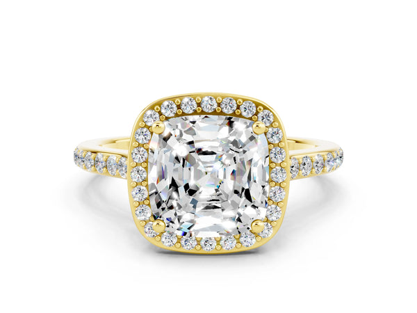 Yellow gold Cushion Cut Moissanite Halo Engagement Ring with Round Pavé Shoulders and Prong Setting