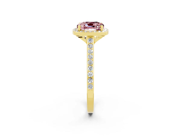Yellow gold Cushion Cut Halo Round Diamond Pavé Band with Four-Prong Setting