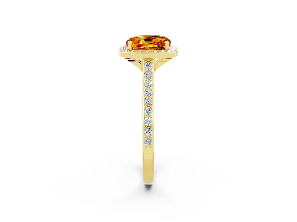 Yellow gold Cushion Cut Citrine Halo Engagement Ring with Round Pavé Shoulders and Prong Setting