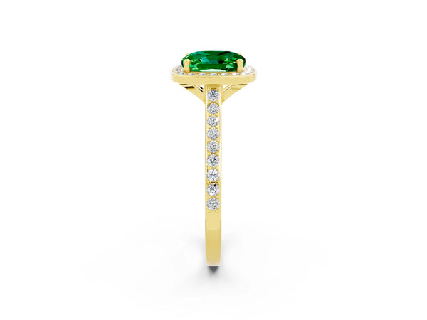 Yellow gold Cushion Cut Emerald Halo Engagement Ring with Round Pavé Shoulders and Prong Setting