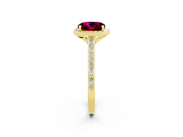 Yellow gold Cushion Cut Garnet Halo Engagement Ring with Round Pavé Shoulders and Prong Setting
