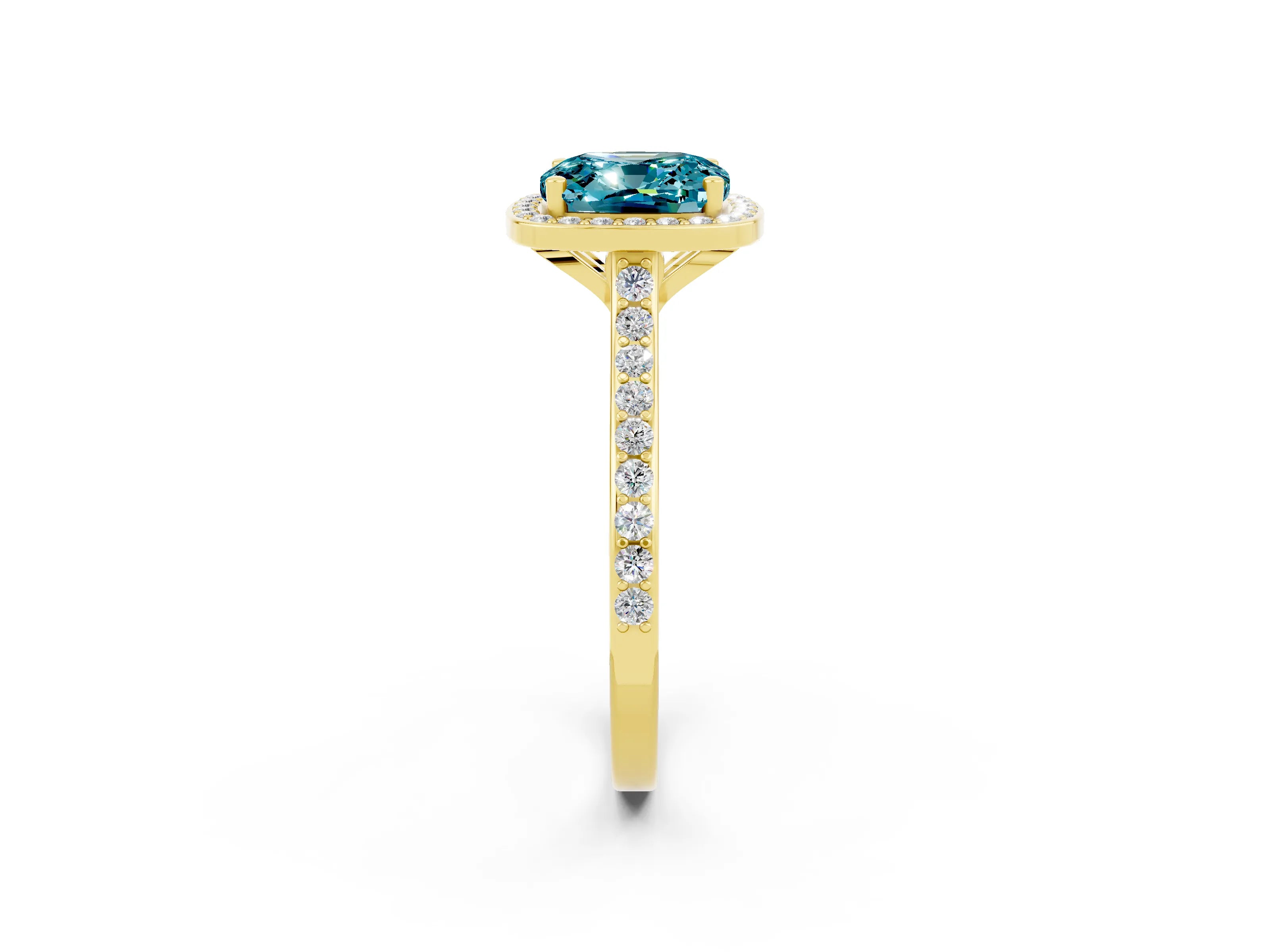 Yellow gold Cushion Cut Halo Round Diamond Pavé Band with Four-Prong Setting_2