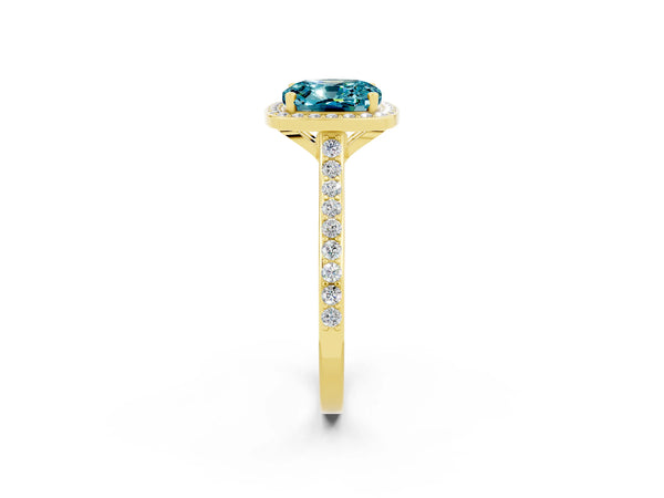 Yellow gold Cushion Cut Halo Round Diamond Pavé Band with Four-Prong Setting
