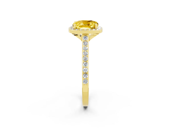 Yellow gold Cushion Cut Yellow Sapphire Halo Engagement Ring with Round Pavé Shoulders and Prong Setting