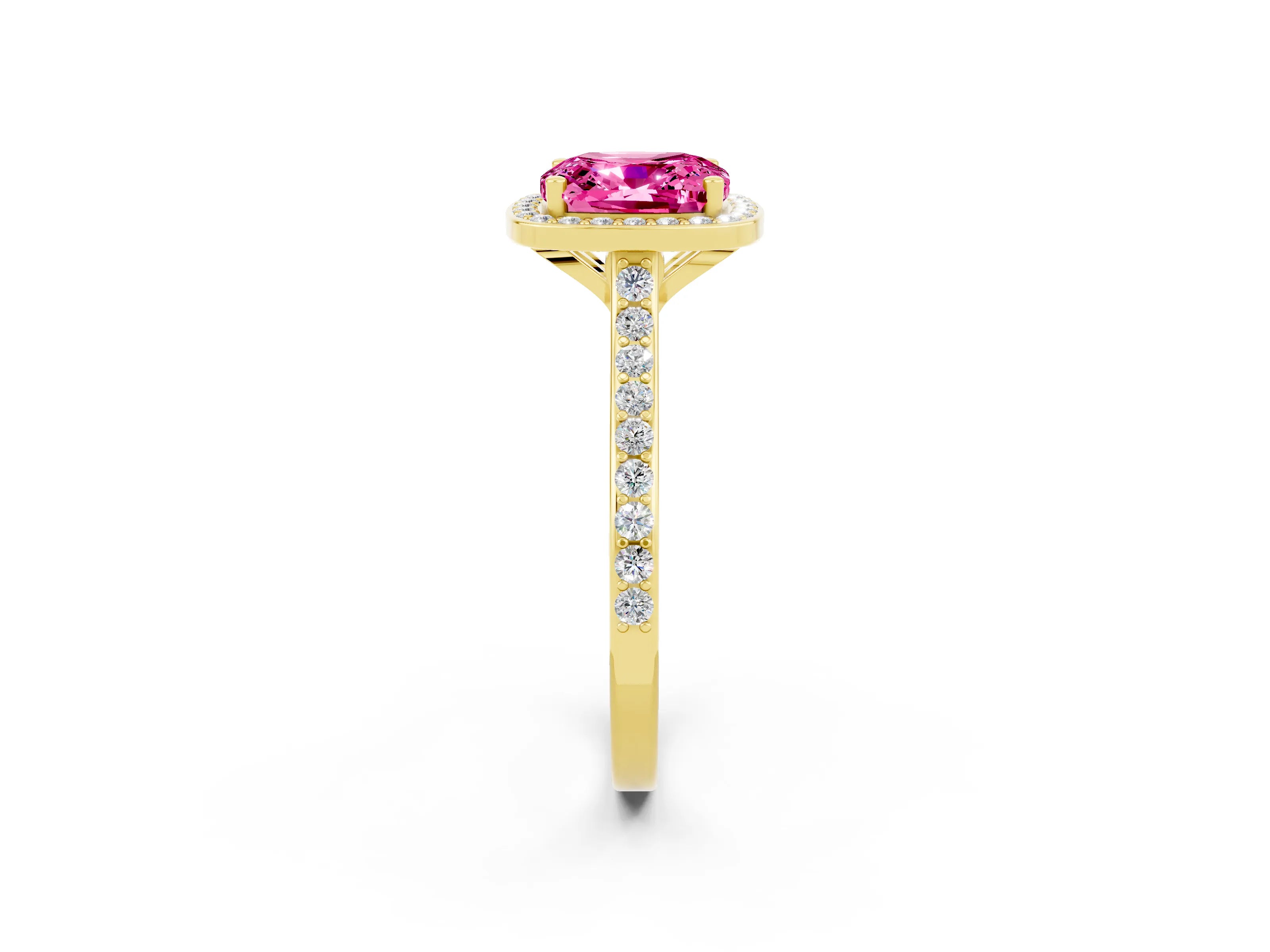 Yellow gold Cushion Cut Halo Round Diamond Pavé Band with Four-Prong Setting_2