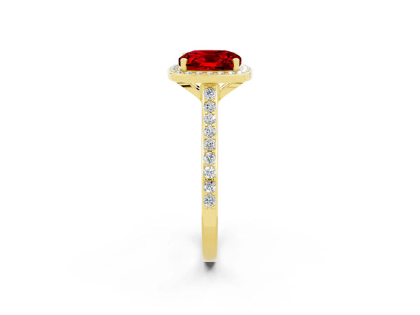 Yellow gold Cushion Cut Halo Round Diamond Pavé Band with Four-Prong Setting