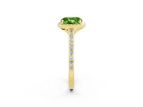 Yellow gold Cushion Cut Halo Round Diamond Pavé Band with Four-Prong Setting