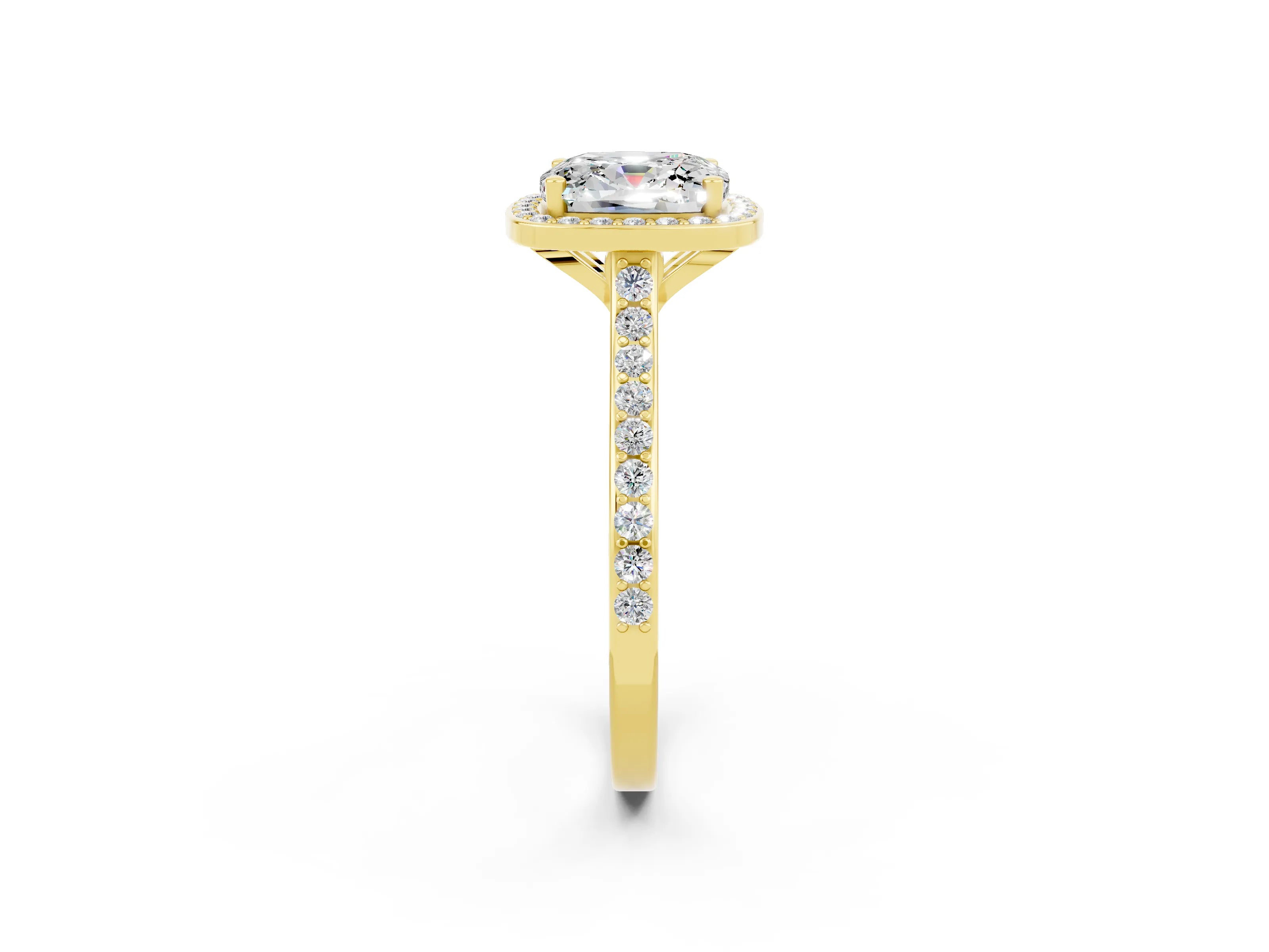 Yellow gold Cushion Cut Halo Round Diamond Pavé Band with Four-Prong Setting_2