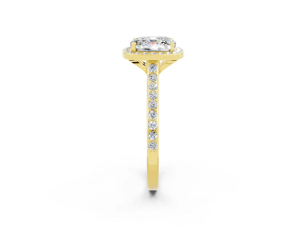 Yellow gold Cushion Cut Moissanite Halo Engagement Ring with Round Pavé Shoulders and Prong Setting