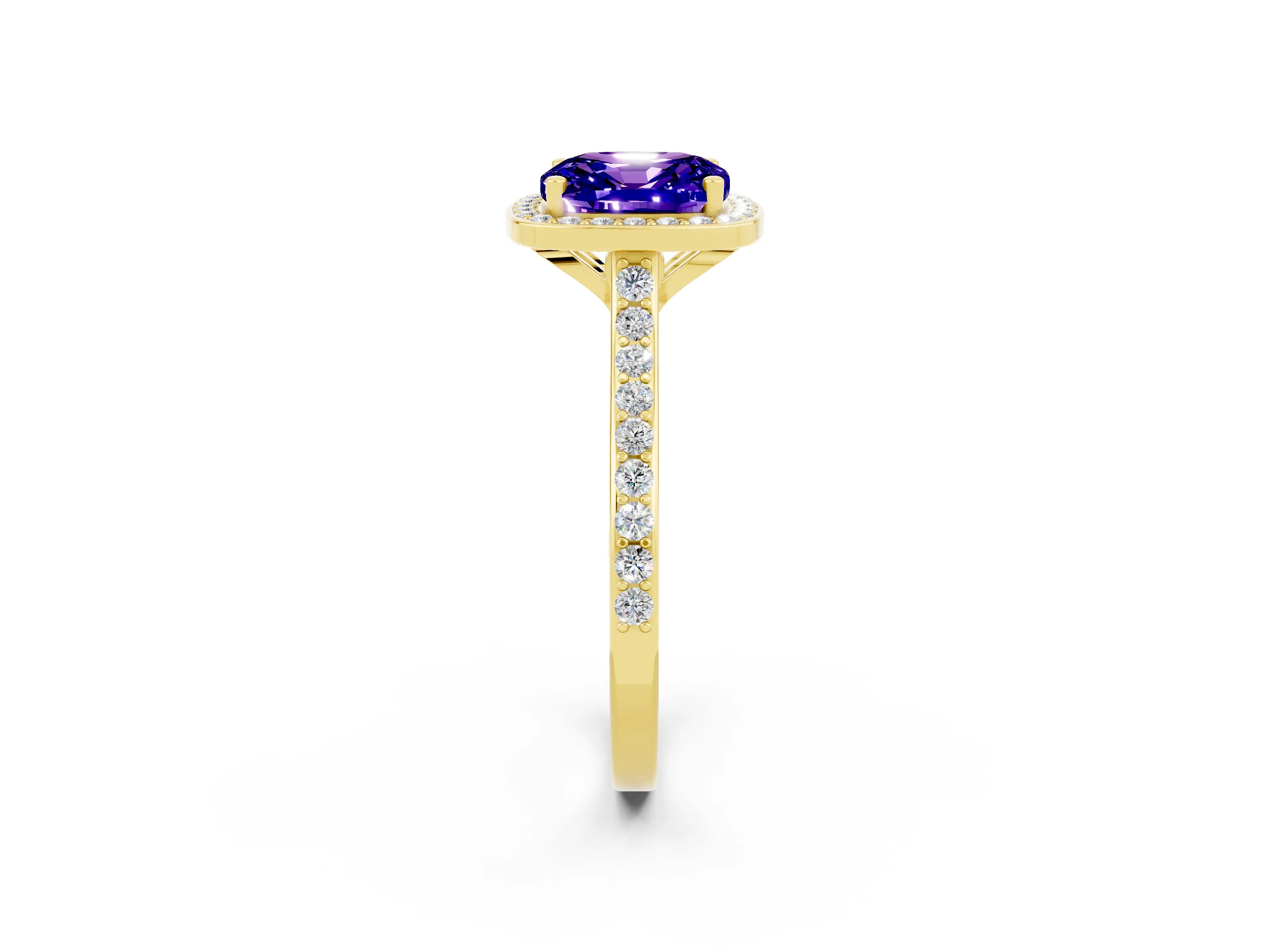 Yellow gold Cushion Cut Halo Round Diamond Pavé Band with Four-Prong Setting_2