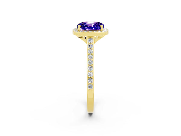 Yellow gold Cushion Cut Tanzanite Halo Engagement Ring with Round Pavé Shoulders and Prong Setting