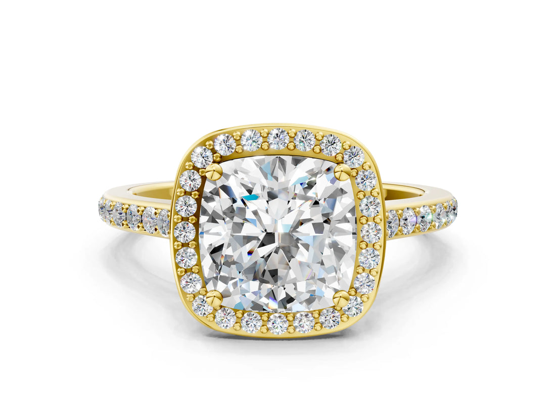 Yellow gold Cushion Cut Halo Round Diamond Pavé Band with Four-Prong Setting_3
