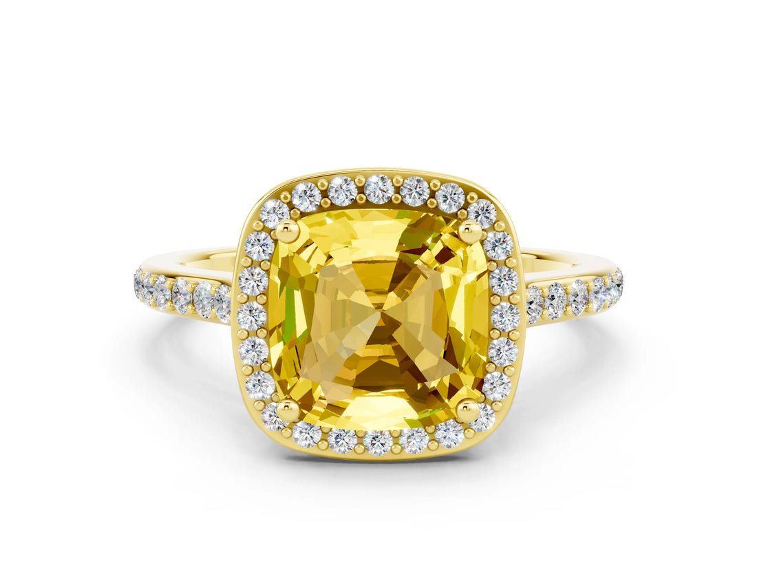 Yellow gold Cushion Cut Halo Round Diamond Pavé Band with Four-Prong Setting