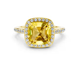 Yellow gold Cushion Cut Halo Round Diamond Pavé Band with Four-Prong Setting