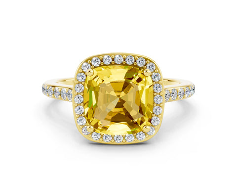 Yellow gold Cushion Cut Halo Round Diamond Pavé Band with Four-Prong Setting