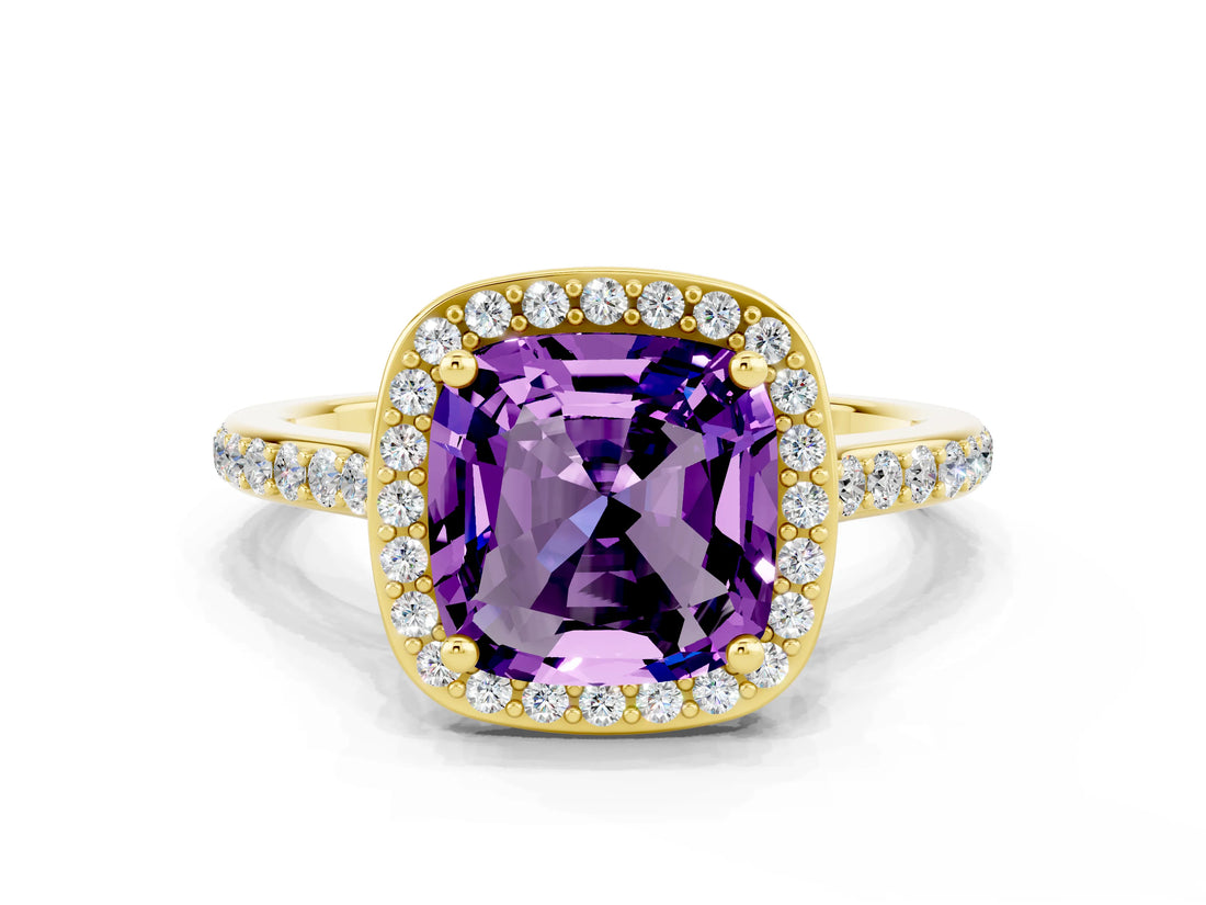 Yellow gold Cushion Cut Halo Round Diamond Pavé Band with Four-Prong Setting