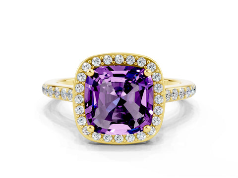 Yellow gold Cushion Cut Halo Round Diamond Pavé Band with Four-Prong Setting