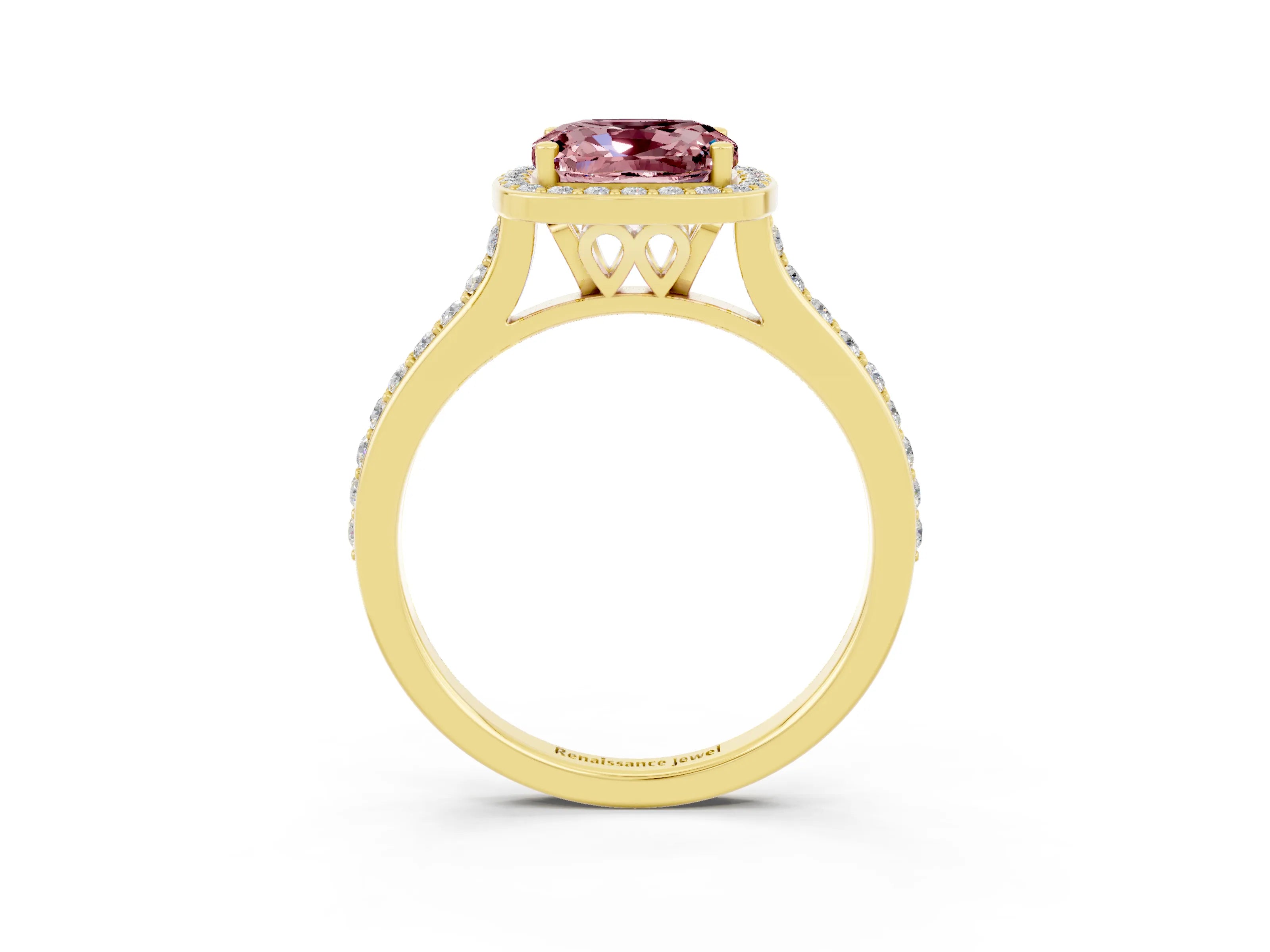Yellow gold Cushion Cut Halo Round Diamond Pavé Band with Four-Prong Setting_3