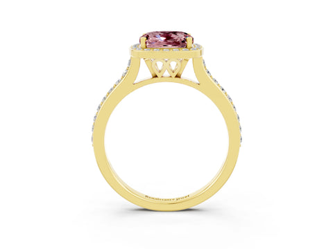 Yellow gold Cushion Cut Halo Round Diamond Pavé Band with Four-Prong Setting_3