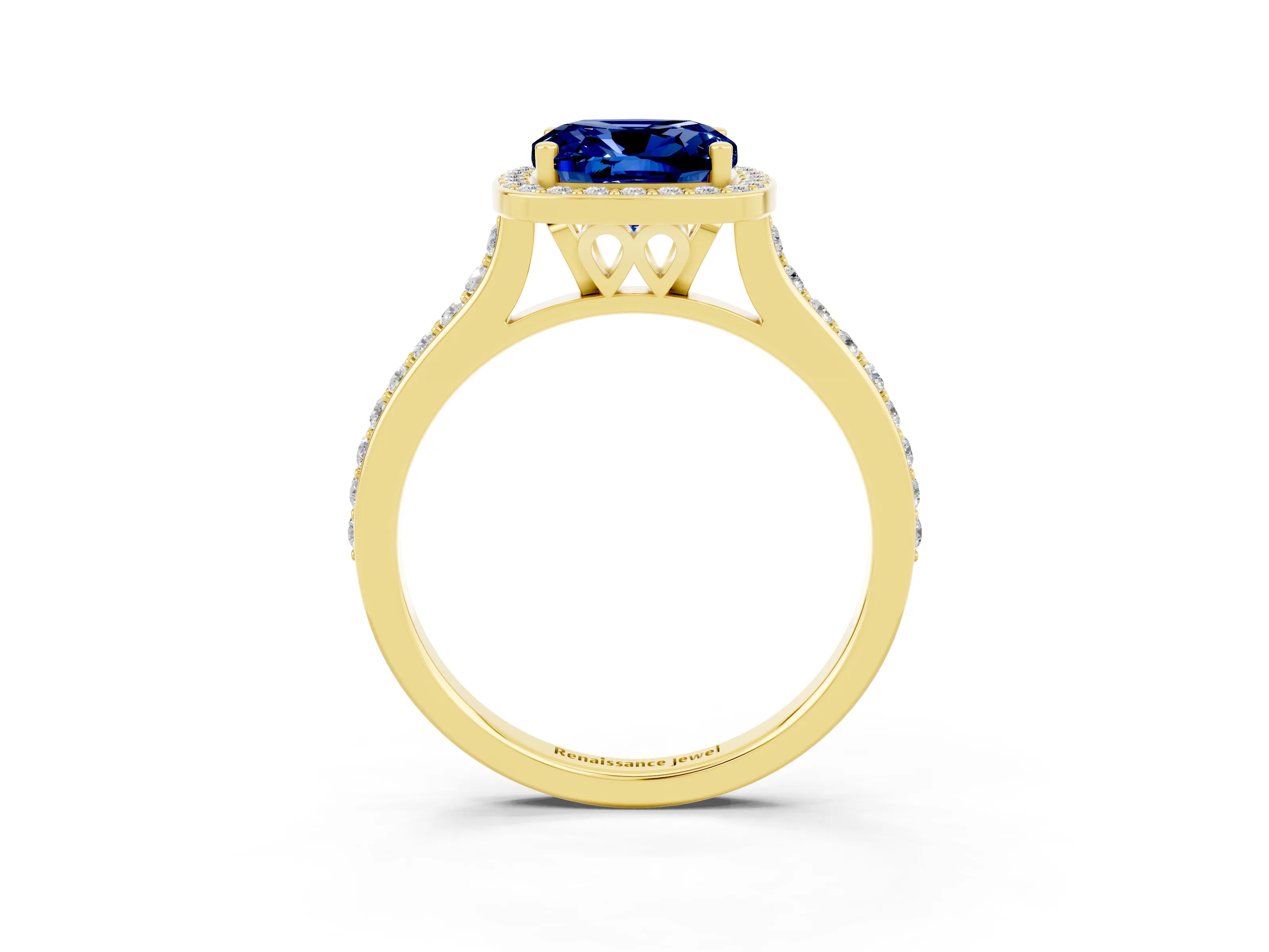 Yellow gold Cushion Cut Halo Round Diamond Pavé Band with Four-Prong Setting_3