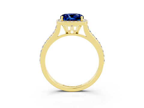Yellow gold Cushion Cut Halo Round Diamond Pavé Band with Four-Prong Setting_3