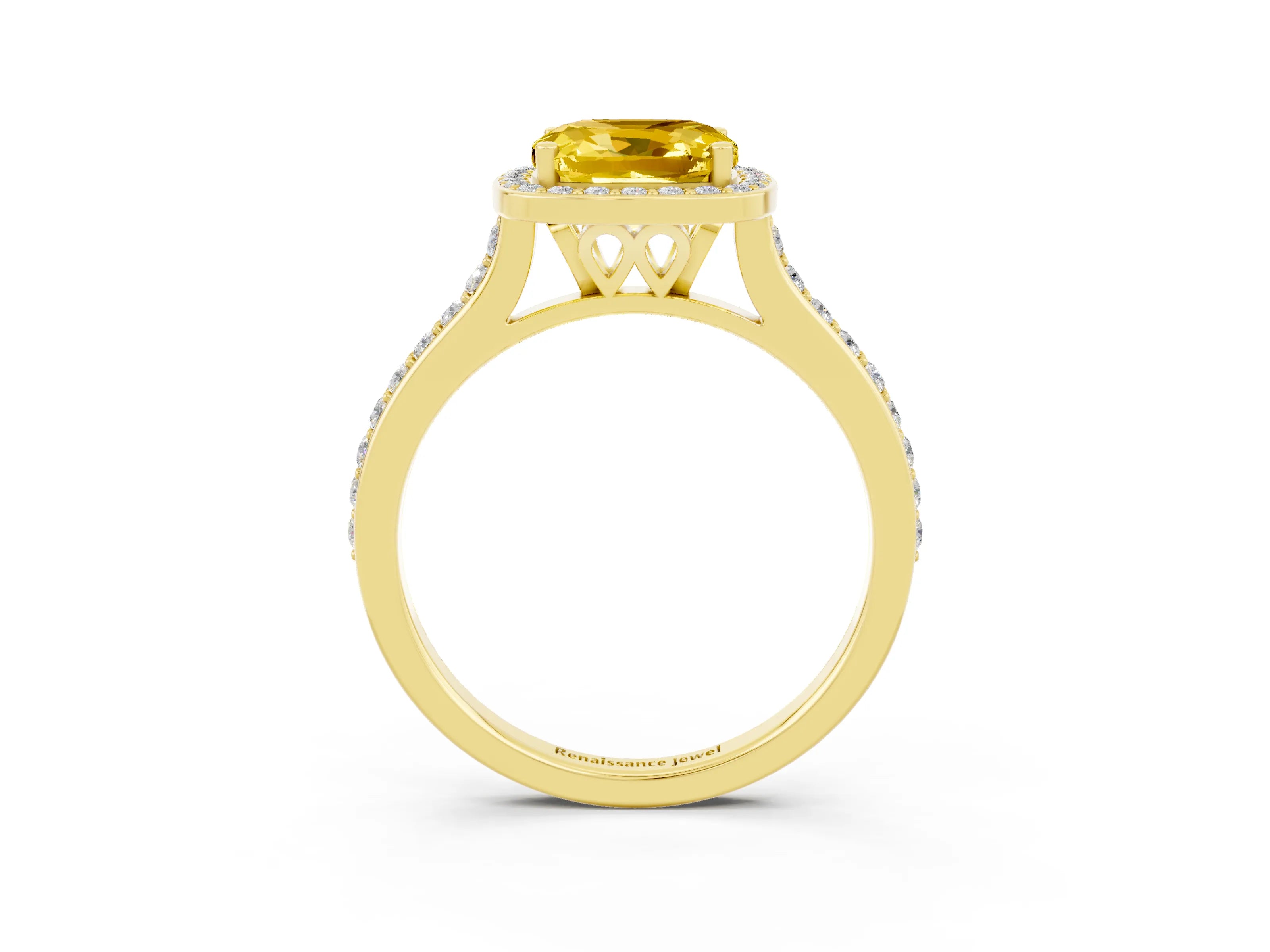 Yellow gold Cushion Cut Halo Round Diamond Pavé Band with Four-Prong Setting_3