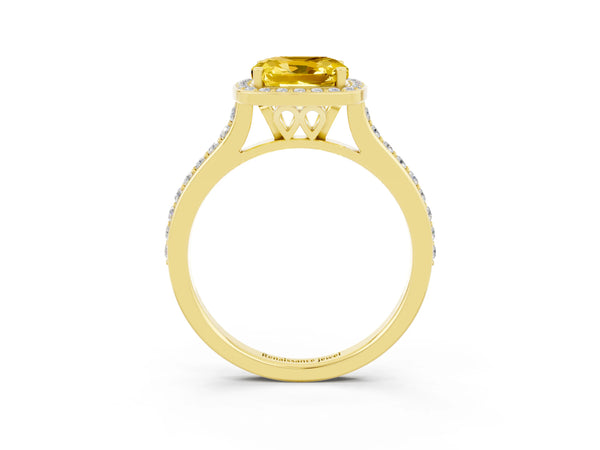 Yellow gold Cushion Cut Yellow Sapphire Halo Engagement Ring with Round Pavé Shoulders and Prong Setting