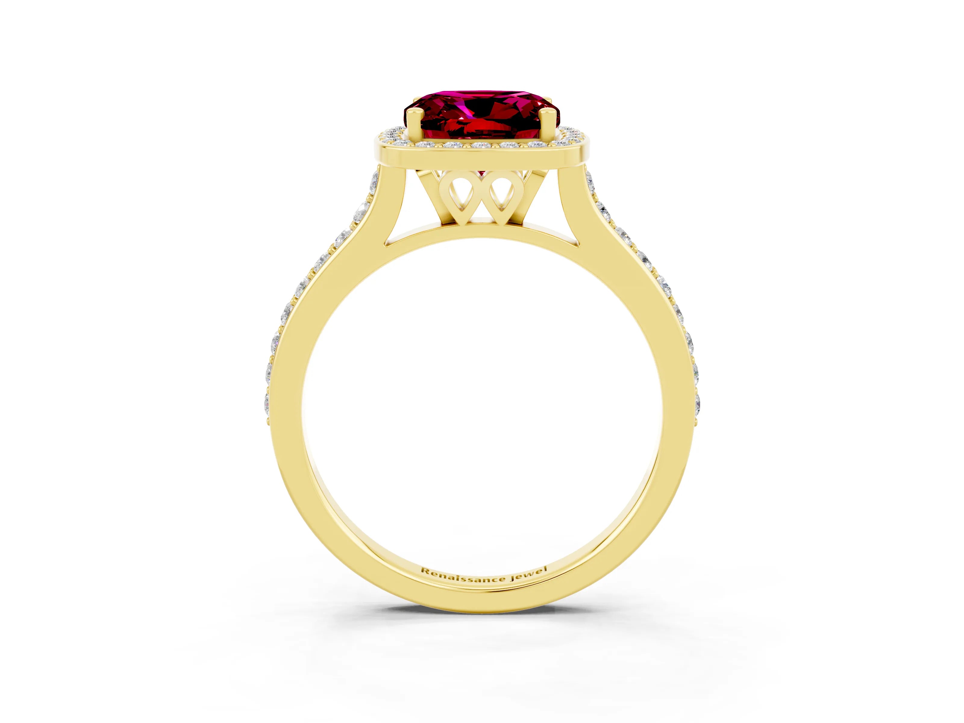 Yellow gold Cushion Cut Halo Round Diamond Pavé Band with Four-Prong Setting_3