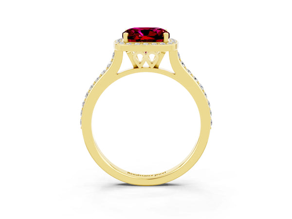 Yellow gold Cushion Cut Garnet Halo Engagement Ring with Round Pavé Shoulders and Prong Setting
