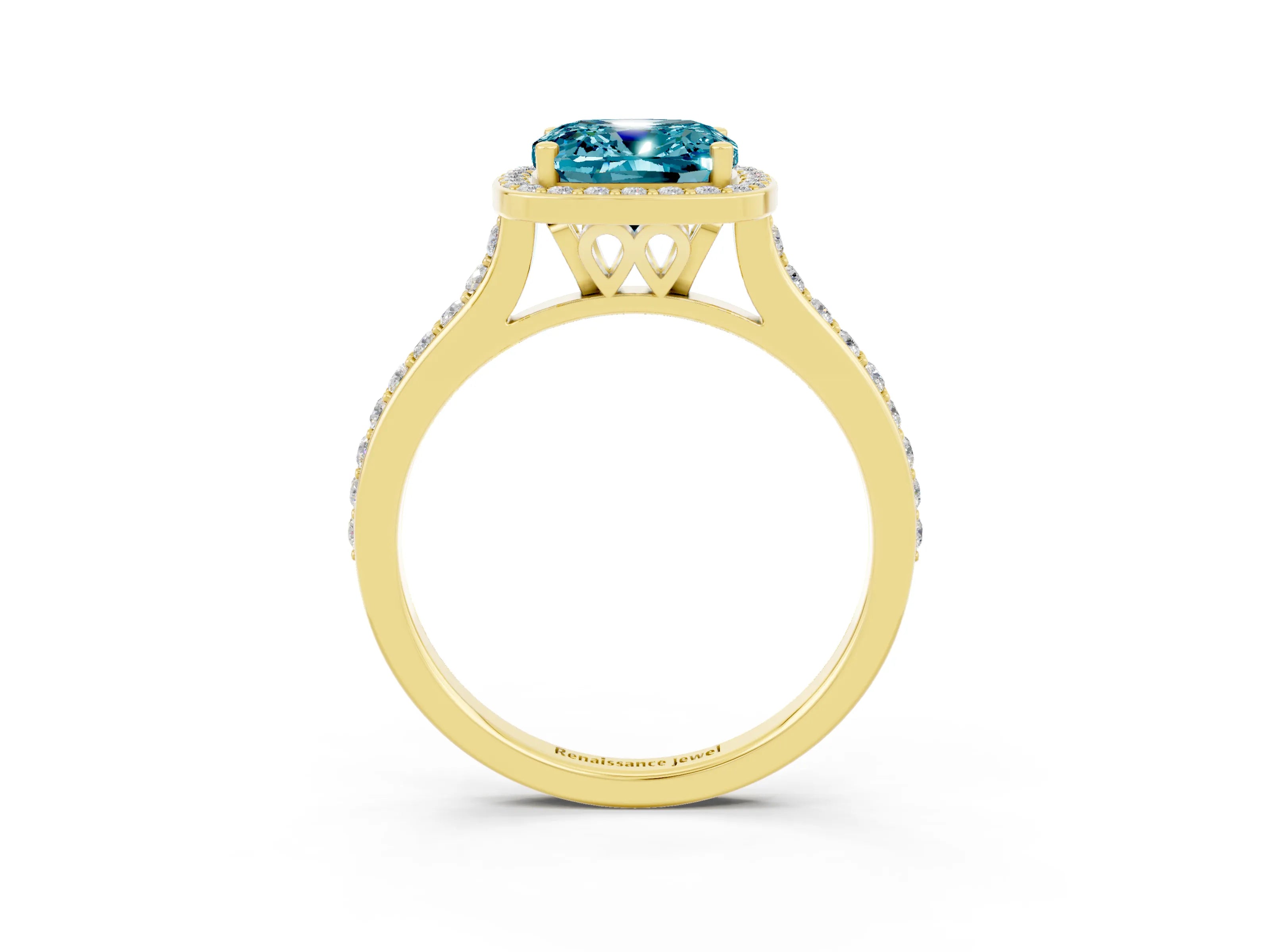 Yellow gold Cushion Cut Halo Round Diamond Pavé Band with Four-Prong Setting_3