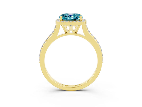 Yellow gold Cushion Cut Halo Round Diamond Pavé Band with Four-Prong Setting