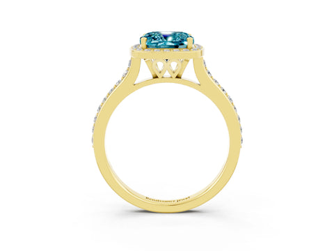 Yellow gold Cushion Cut Halo Round Diamond Pavé Band with Four-Prong Setting_3